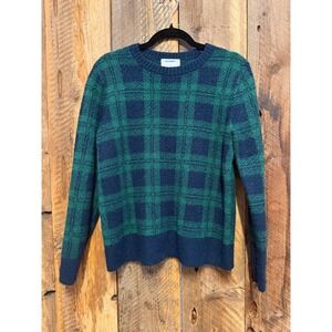 Cozy Plaid Sweater Womens L Green Navy Preppy Old Money Spring Cottage Coastal